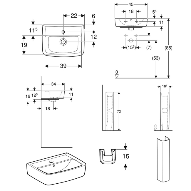 Twyford Alcona Handrinse Basin & Square Full Pedestal 450mm Wide 1 Tap Hole  | Dimension Image