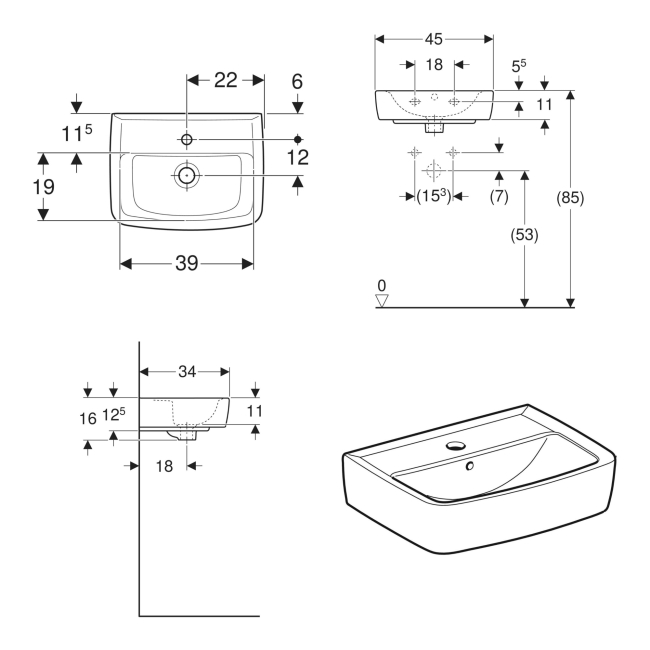 Twyford Alcona Square Wall Hung Basin 450mm Wide - 1 Tap Hole  | Dimension Image