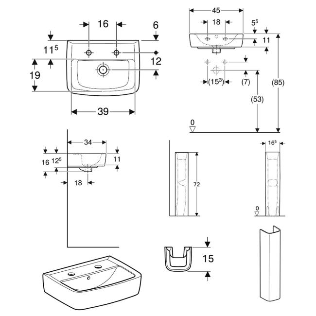 Twyford Alcona Handrinse Basin & Square Full Pedestal 450mm Wide 2 Tap Hole  | Dimension Image
