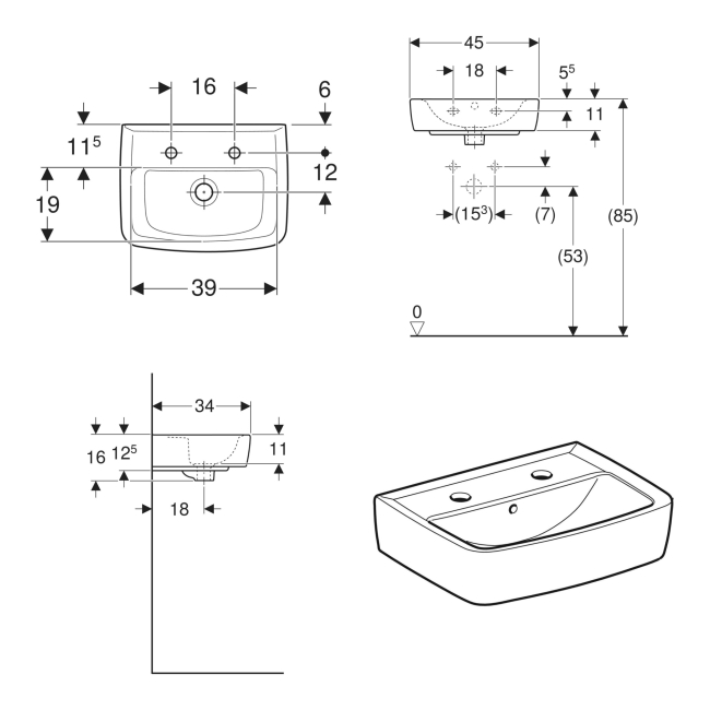 Twyford Alcona Square Wall Hung Basin 450mm Wide - 2 Tap Hole  | Dimension Image