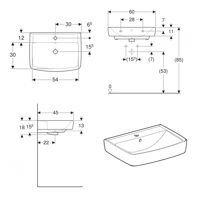 Twyford Alcona Square Wall Hung Handrinse Basin 600mm Wide - 1 Tap Hole