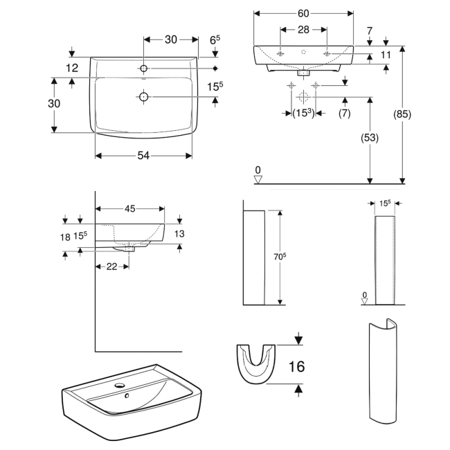 Twyford Alcona Basin & Full Pedestal 600mm Wide 1 Tap Hole  | Dimension Image