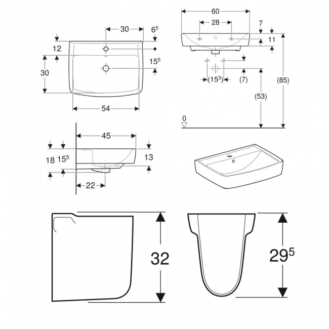 Twyford Alcona Basin and Semi Pedestal 600mm Wide - 1 Tap Hole  | Dimension Image