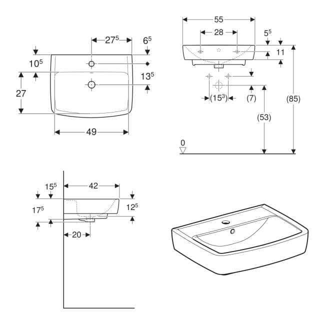 Twyford Alcona Square Wall Hung Basin 550mm Wide - 1 Tap Hole  | Dimension Image
