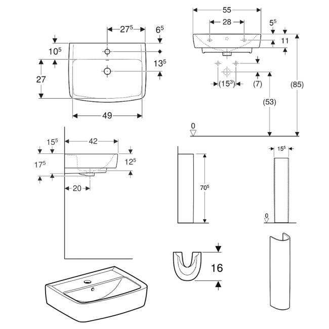 Twyford Alcona Basin & Full Pedestal 550mm Wide 1 Tap Hole  | Dimension Image