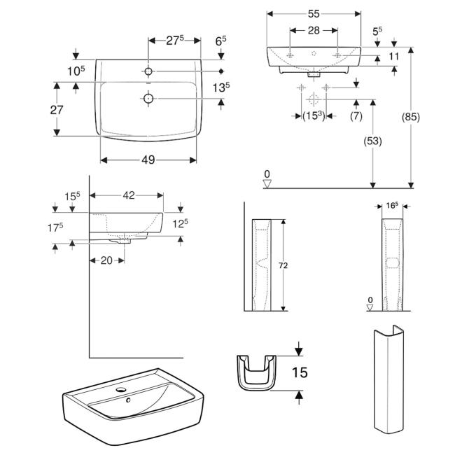 Twyford Alcona Basin & Square Full Pedestal 550mm Wide 1 Tap Hole  | Dimension Image