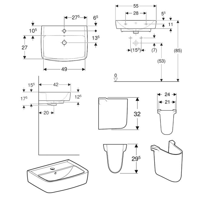 Twyford Alcona Basin & Semi Pedestal 550mm Wide 1 Tap Hole  | Dimension Image
