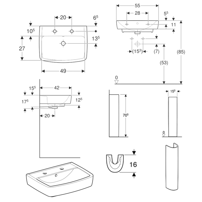 Twyford Alcona Basin & Full Pedestal 550mm Wide 2 Tap Hole  | Dimension Image