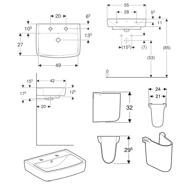 Twyford Alcona Basin & Semi Pedestal 550mm Wide 2 Tap Hole  | Dimension Image