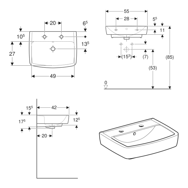 Twyford Alcona Square Wall Hung Basin 550mm Wide - 2 Tap Hole  | Dimension Image
