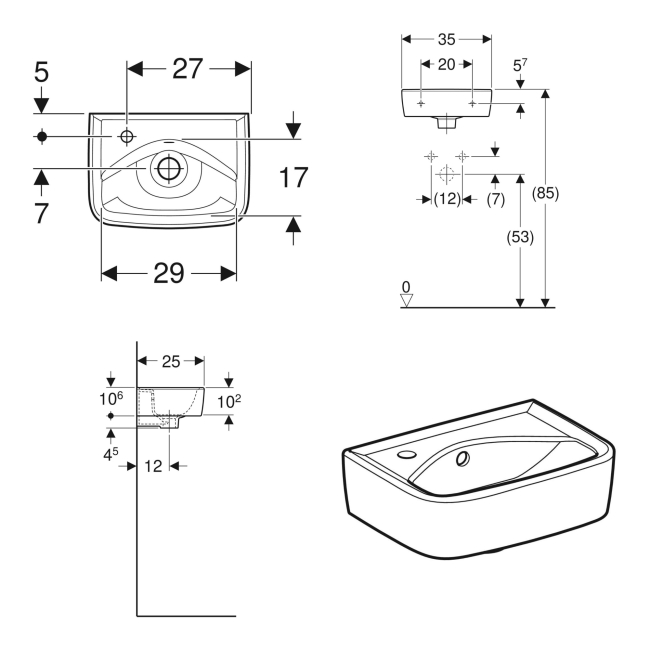 Twyford Alcona Square Wall Hung Basin 350mm Wide - 1 LH Tap Hole  | Dimension Image