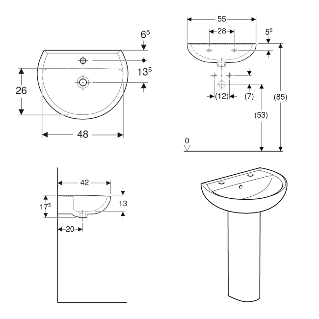 Twyford Alcona Boxed Basin & Pedestal Pack 550mm Wide - 1 Tap Hole  | Dimension Image