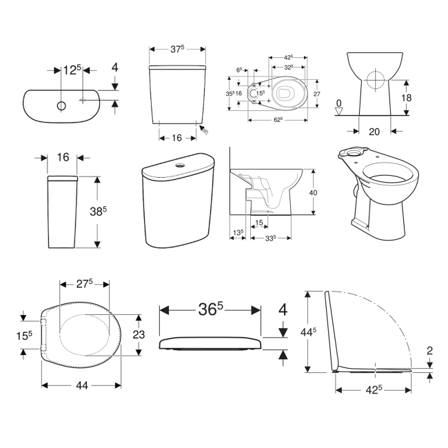 Twyford Alcona Close Coupled Toilet Round Push Button Cistern - Soft Close Seat  | Dimension Image