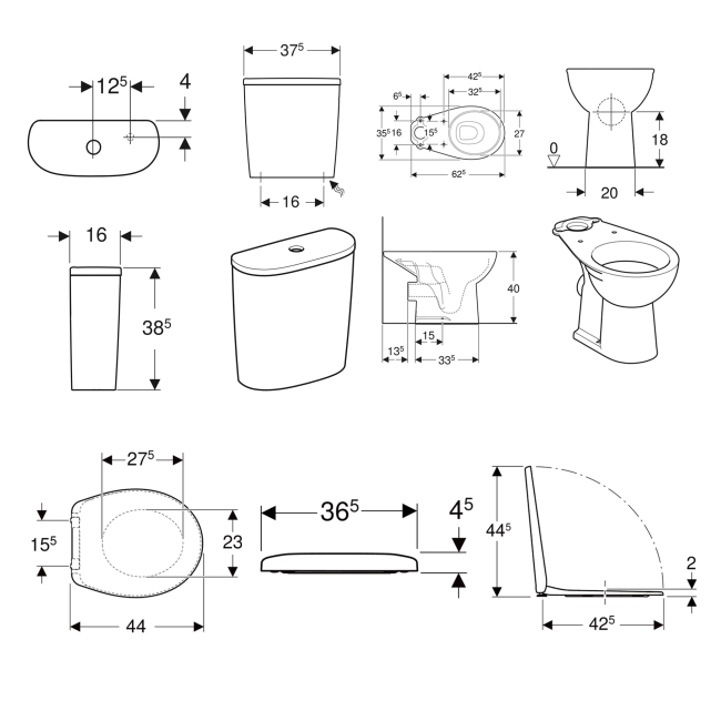 Twyford Alcona Close Coupled Toilet Round Push Button Cistern - Top Fix Standard Seat  | Dimension Image