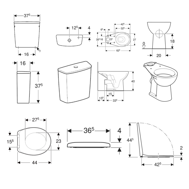 Twyford Alcona Close Coupled Toilet with Square Cistern (inc Soft Close Seat)  | Dimension Image