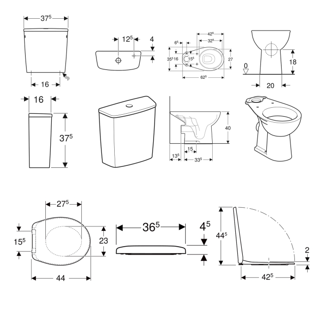 Twyford Alcona Close Coupled Toilet with Square Cistern (inc Standard Bottom Fix Seat)  | Dimension Image