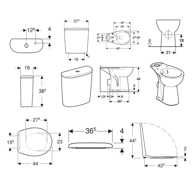 Twyford Alcona Rimless Close Coupled Raised Height Toilet Push Button Cistern - Soft Close Seat  | Dimension Image