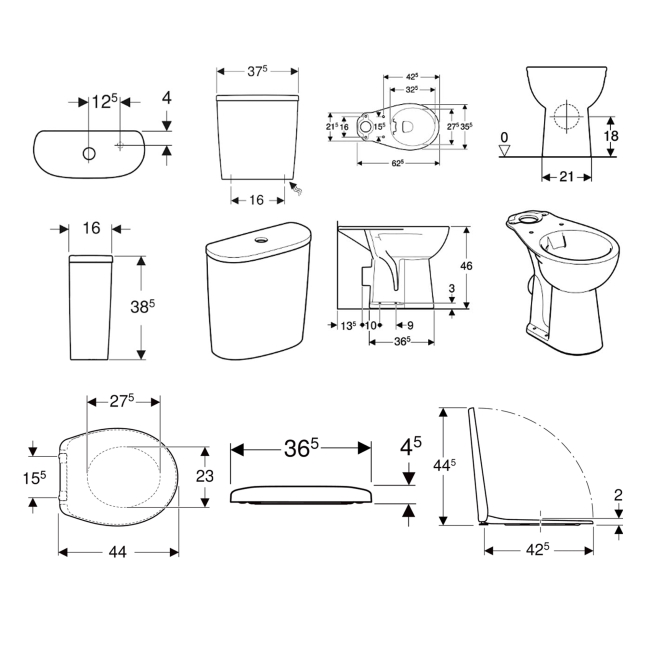 Twyford Alcona Rimless Close Coupled Raised Height Toilet Push Button Cistern - Bottom Fix Standard Seat  | Dimension Image