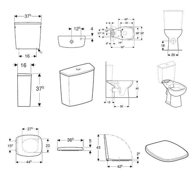 Twyford Alcona Rimless Close Coupled Square Toilet Push Button Cistern - Soft Close Seat  | Dimension Image