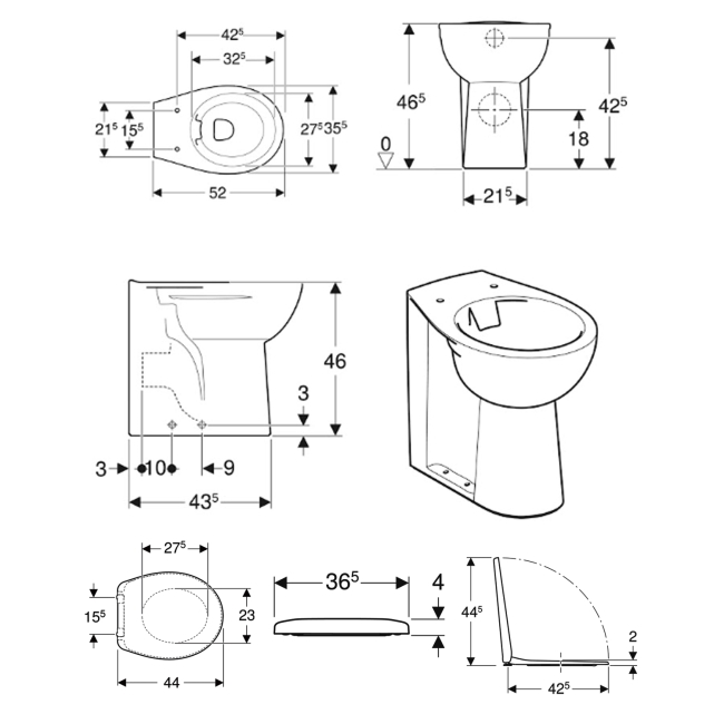 Twyford Alcona Rimless Back to Wall Toilet - Soft Close Seat  | Dimension Image