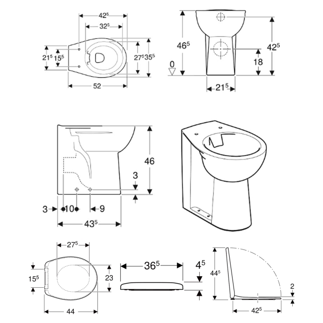 Twyford Alcona Rimless Back to Wall Toilet - Bottom Fix Standard Seat  | Dimension Image