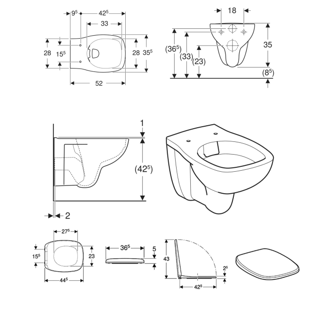 Twyford Alcona Rimless Wall Hung Toilet - Soft Close Seat  | Dimension Image