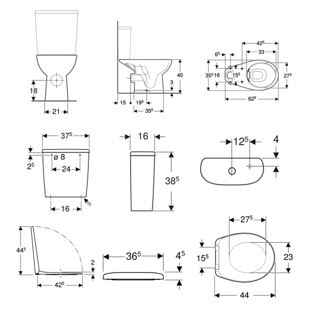 Twyford Alcona Rimless Close Coupled  Toilet (exc Seat)  | Dimension Image