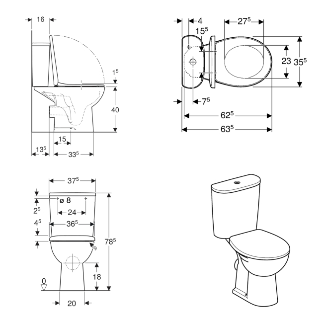 Twyford Alcona Close Coupled Toilet Push Button Cistern - Standard Seat  | Dimension Image