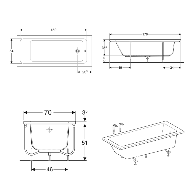 Twyford Aspect Single Ended Rectangular Bath 1700mm x 700mm with Legs - 0 Tap Hole (Low Volume)  | Dimension Image