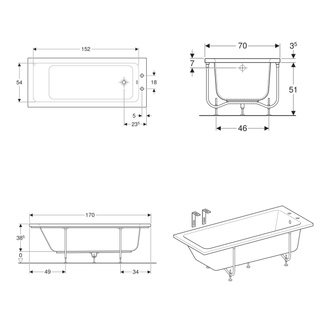Twyford Aspect Single Ended Rectangular Bath 1700mm x 700mm - 2 Tap Hole  | Dimension Image