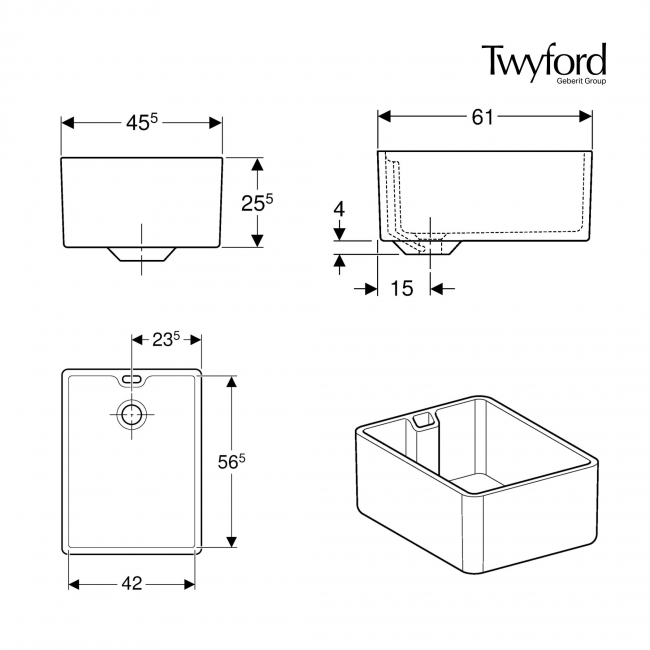 Twyford Belfast Utility Kitchen Sink 225mm D x 610mm L x 455mm W - White