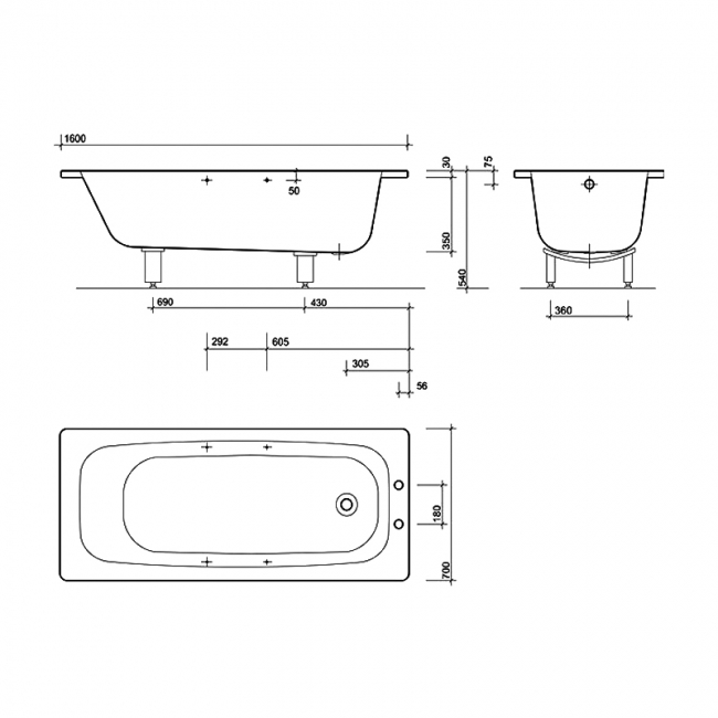 Twyford Celtic Single Ended Rectangular Bath Twin Grips 1600mm x 700mm 2 Tap Hole (inc Leg Set)  | Dimension Image