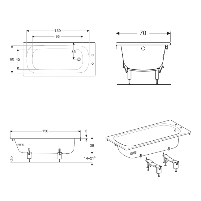 Twyford Celtic Single Ended Rectangular Bath 1500mm x 700mm 2 Tap Hole (inc Leg Set)  | Dimension Image