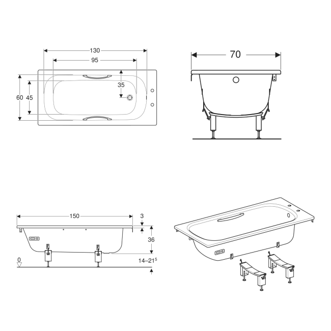 Twyford Celtic Single Ended Rectangular Bath Twin Grips 1500mm x 700mm 2 Tap Hole (inc Leg Set)  | Dimension Image