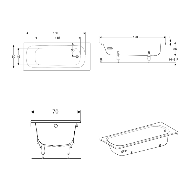 Twyford Celtic Single Ended Rectangular Bath 1700mm x 700mm 0 Tap Hole (inc Leg Set)  | Dimension Image