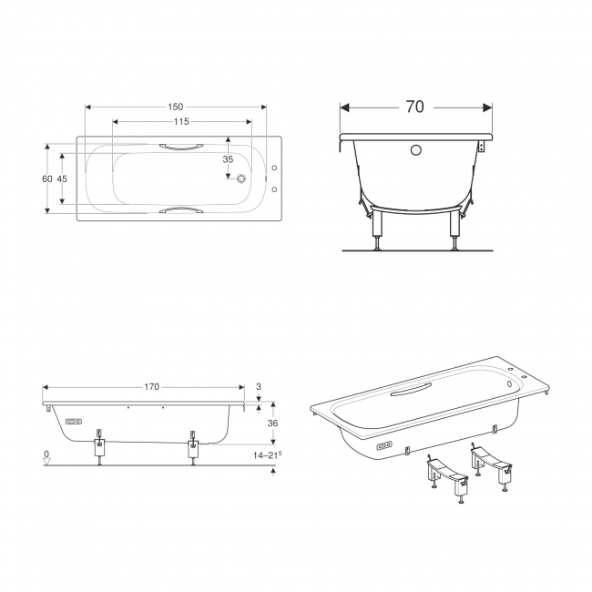 Twyford Celtic Single Ended Rectangular Bath with Twin Grips 1700mm x 700mm 2 Tap Hole