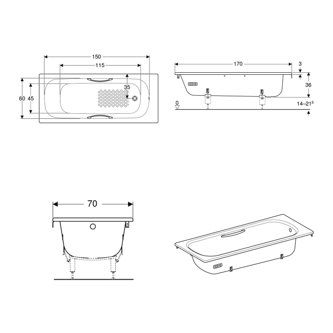 Twyford Celtic Single Ended Rectangular Bath with Twin Grips Anti Slip 1700mm x 700mm 0 Tap Hole (inc Leg Set)  | Dimension Image