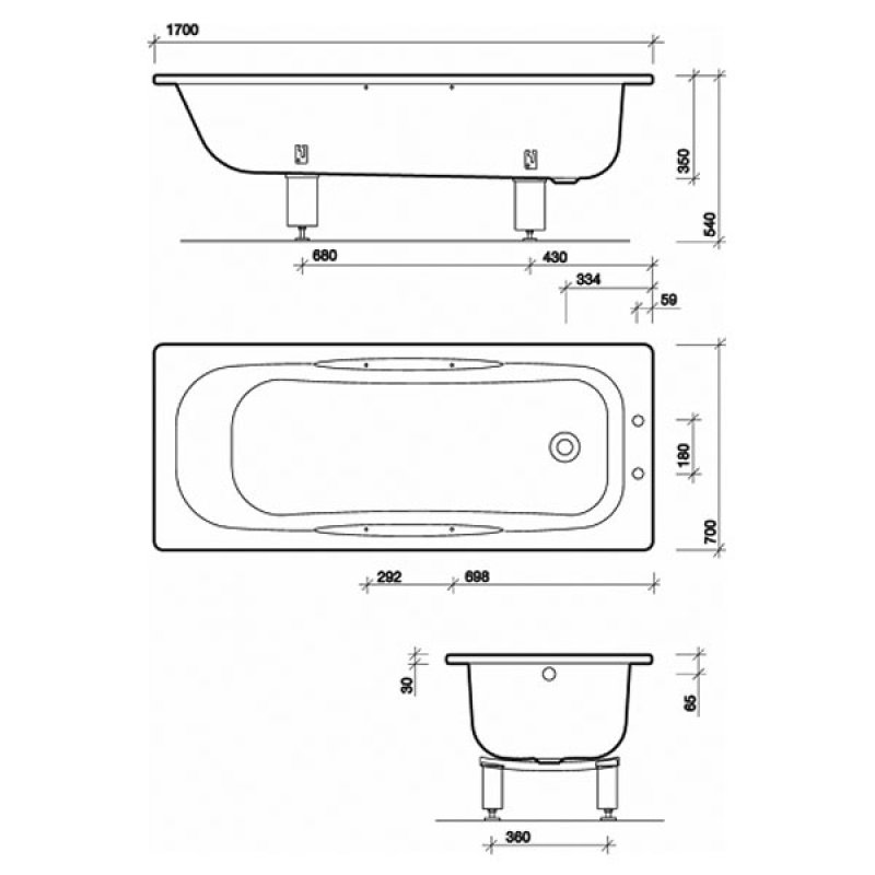 Twyford Celtic Single Ended Rectangular Antislip Bath with Grips and Legs 1700mm x 700mm 2 Tap Hole