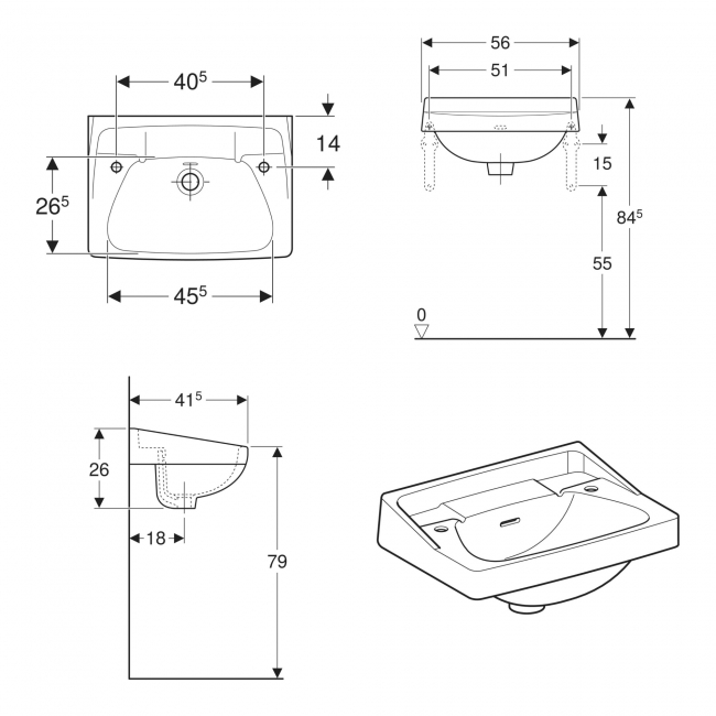 Twyford Classic Wash Basin 560mm Wide - 2 Tap Hole