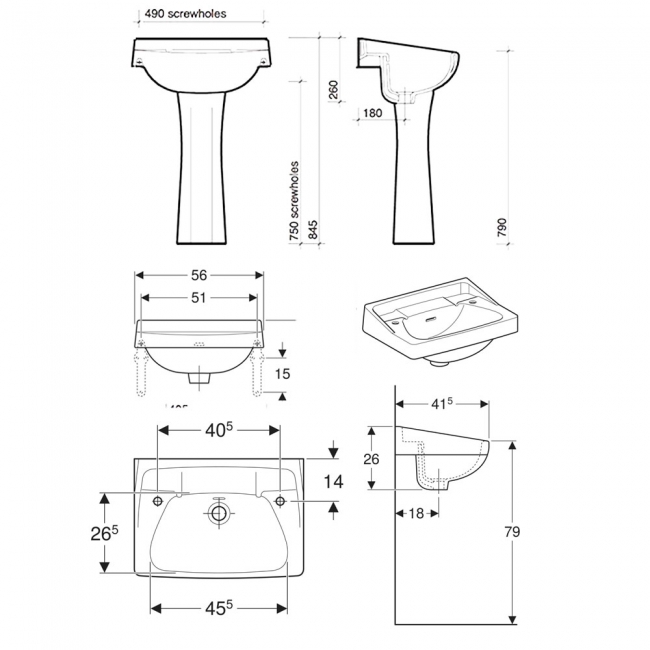 Twyford Classic Basin & Full Pedestal 560mm Wide 2 Tap Hole