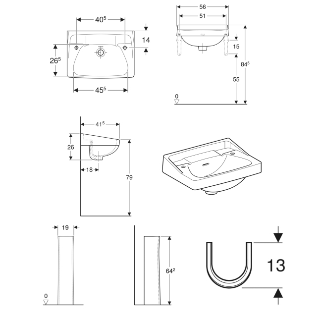 Twyford Classic Basin & Full Pedestal 560mm Wide 2 Tap Hole  | Dimension Image