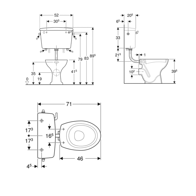 Twyford Classic Low Level S Trap Pan Only - Excluding Seat  | Dimension Image