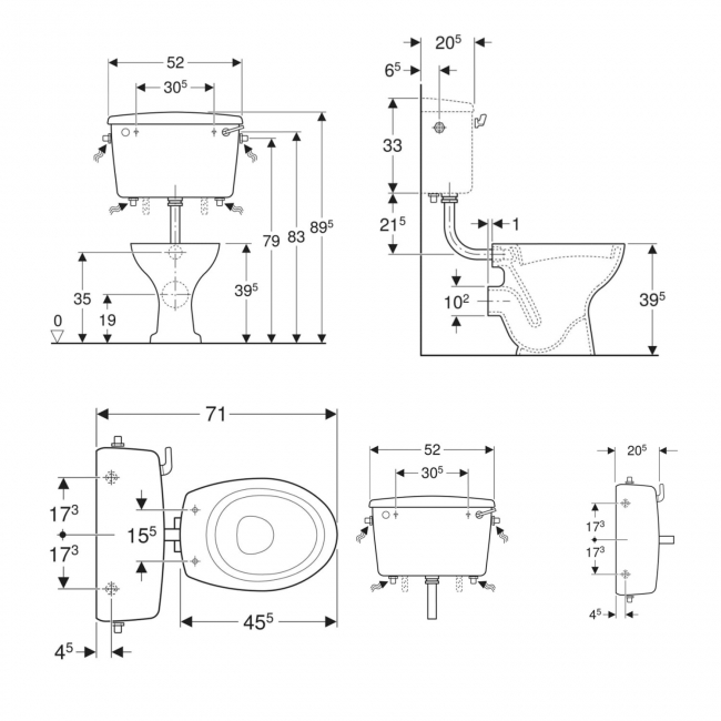 Twyford Classic Low Level P Trap Pan with Side Inlet Lever Cistern - Excluding Seat