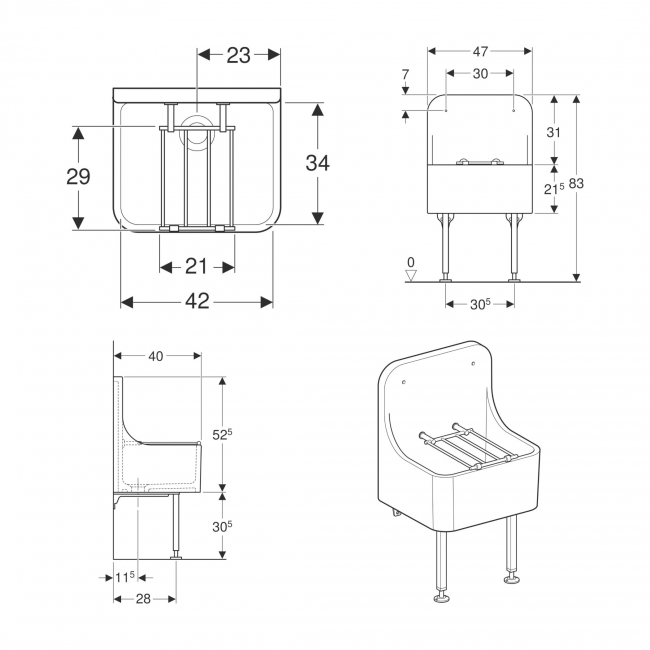 Twyford Cleaners High Back Sink with Grating 470mm L x 400mm W - White