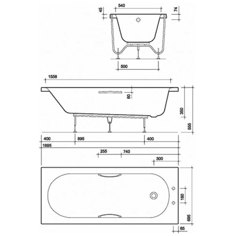 Twyford Opal Single Ended Rectangular Bath with Grips 1700mm x 700mm 2 Tap Hole