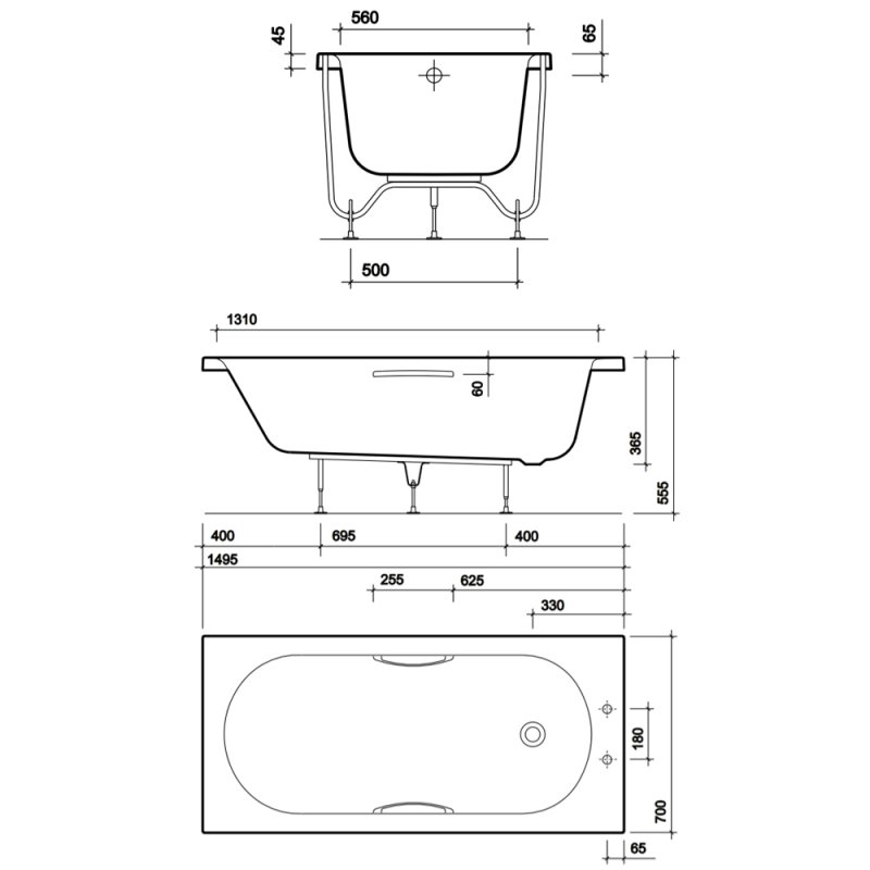 Twyford Opal Single Ended Rectangular Bath with Grips 1500mm x 700mm 2 Tap Hole