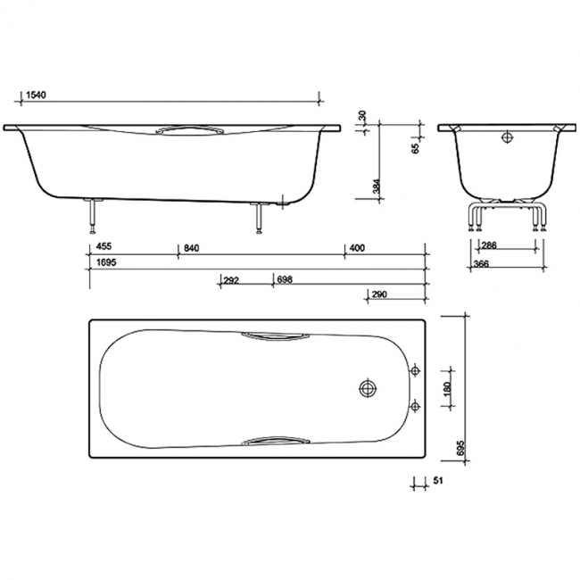 Twyford Neptune Single Ended Rectangular Antislip Bath with Grips 1700mm x 700mm 2 Tap Hole