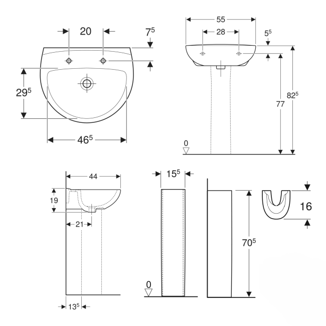 Twyford Option Boxed Basin & Pedestal Pack 550mm Wide - 2 Tap Hole  | Dimension Image