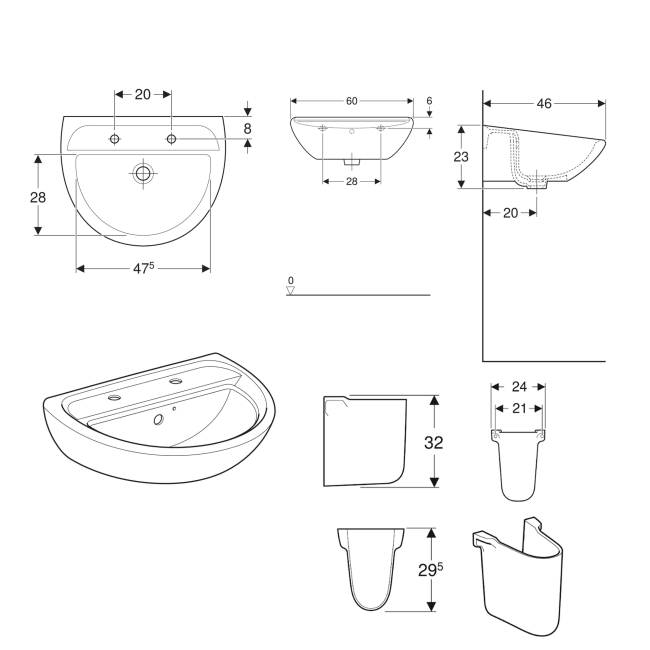 Twyford Option Basin & Semi Pedestal 550mm Wide 2 Tap Hole  | Dimension Image