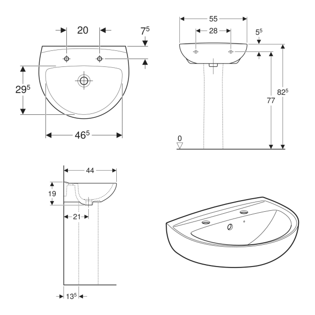 Twyford Option Round Wall Hung Basin 550mm Wide - 2 Tap Hole  | Dimension Image